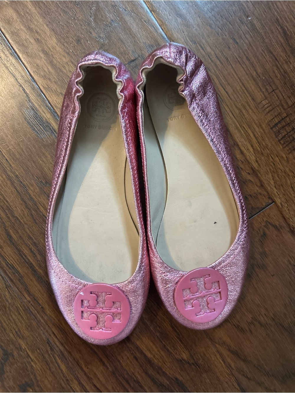 Tory Burch Rose Metallic Leather Logo Ballet Flats
